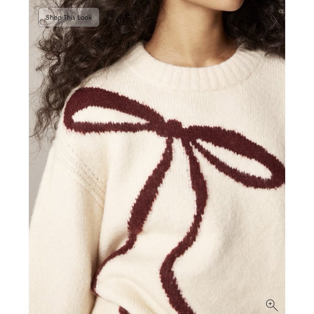 J.Crew Womens Relaxed Bow Print Crewneck Pullover Small Cream Knit Coquette NWT - Picture 4 of 14